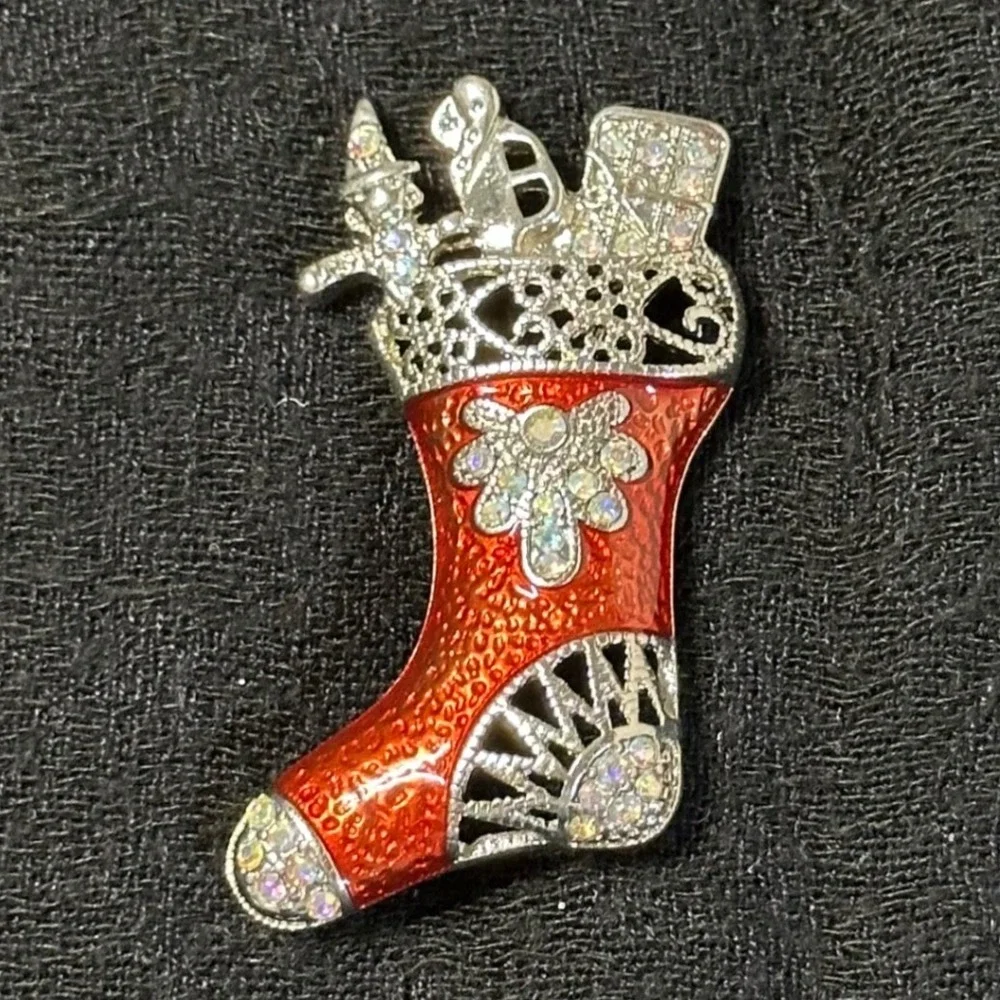 Vintage Christmas Stocking Brooch Red Enamel Rhinestone Holiday Pin